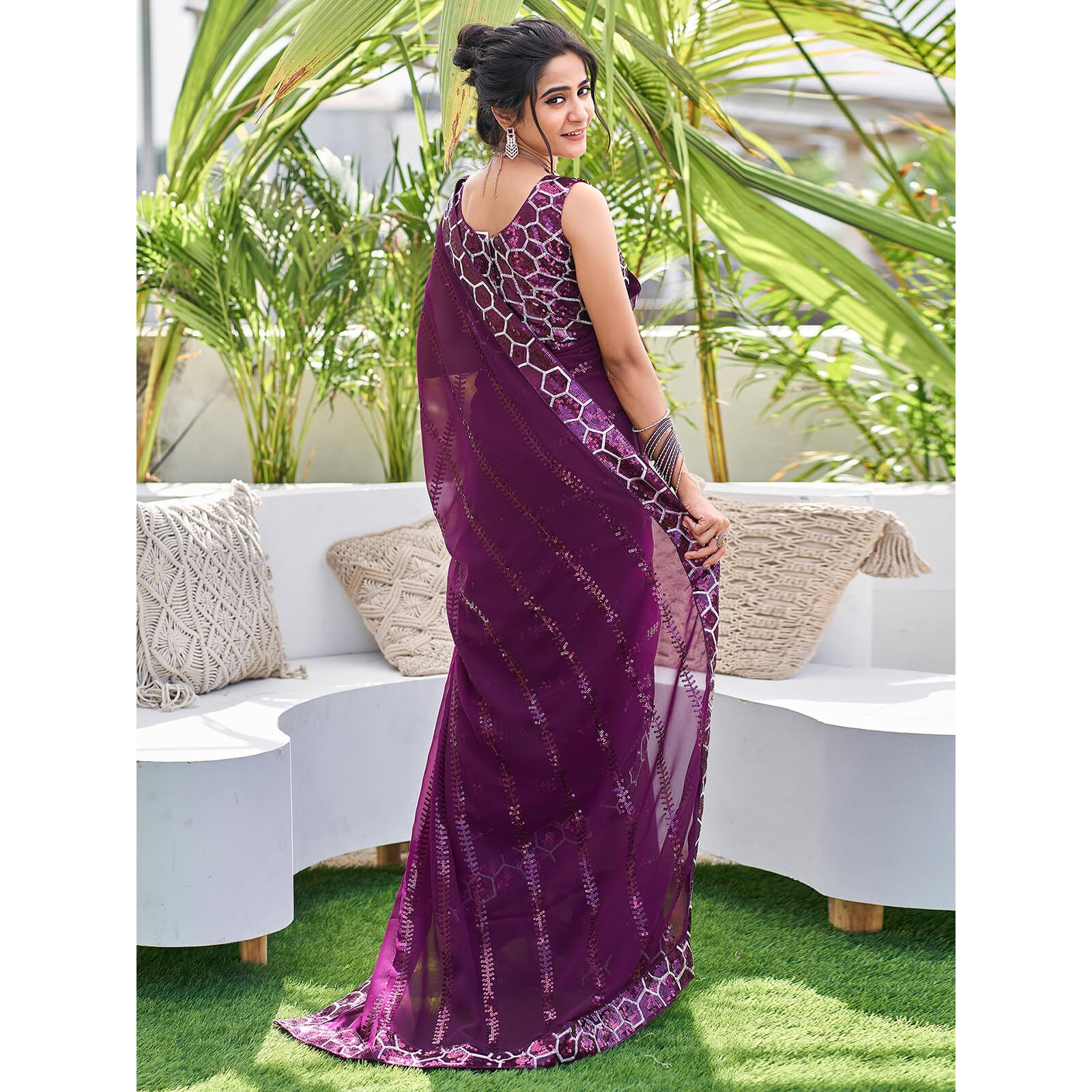 Satrani Women's Georgette Sequence Work Saree With Unstitched Blouse Piece (3775S109N_Dark Purple6)