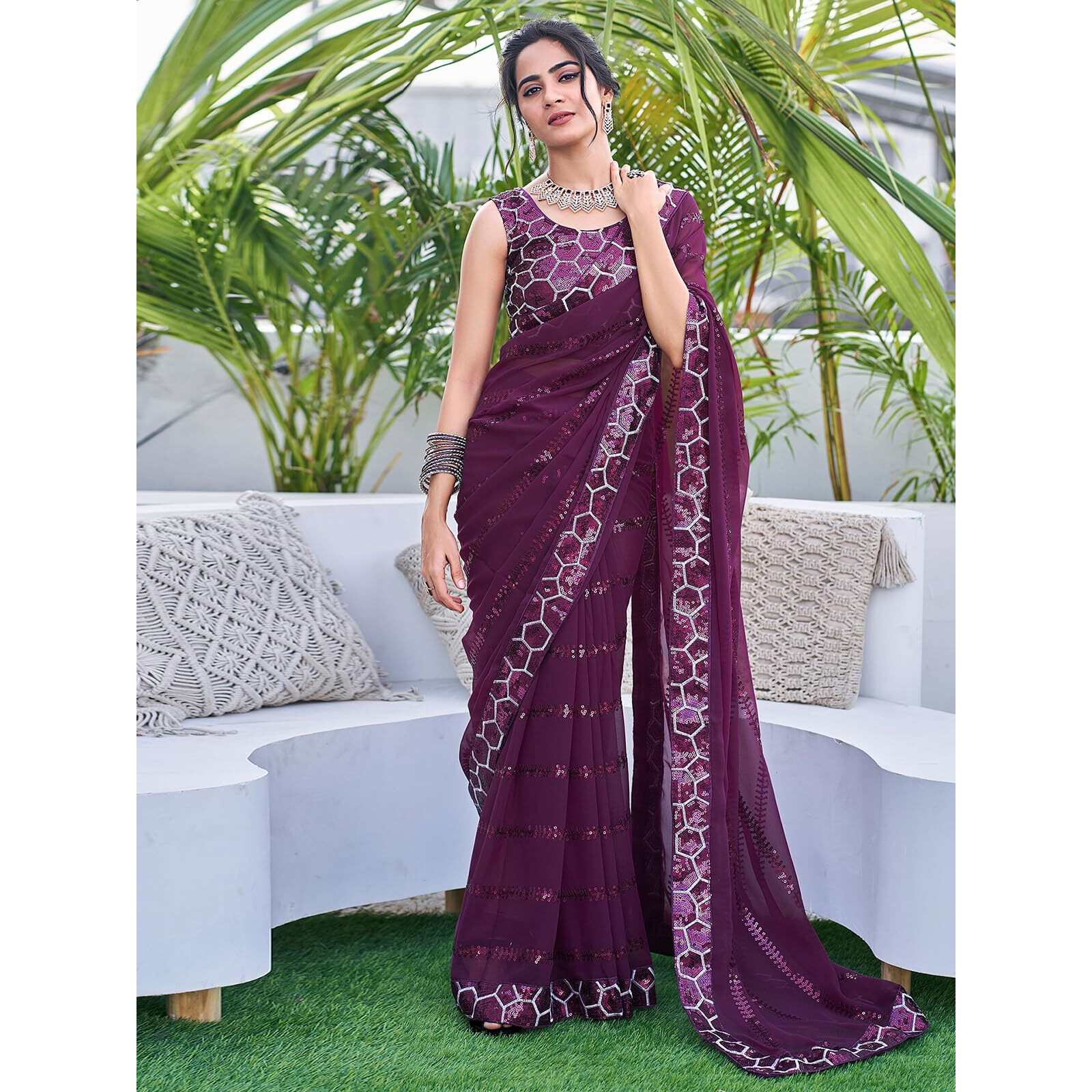 Satrani Women's Georgette Sequence Work Saree With Unstitched Blouse Piece (3775S109N_Dark Purple6)