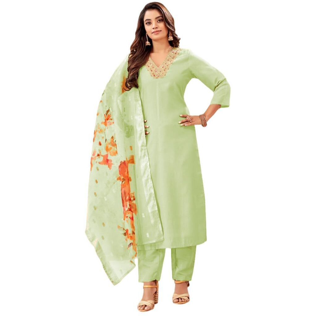Smowkly Women's Cotton Blend Floral Regular Kurta Pant Dupatta Set (1587Sm_Pista Green_L)