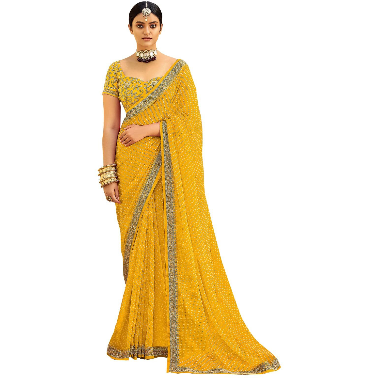 Satrani Women's Bandhani Printed & Embroidery Work In Lace Georgette Saree With Unstitched Blouse Piece(2302Sr124_Yellow, White)
