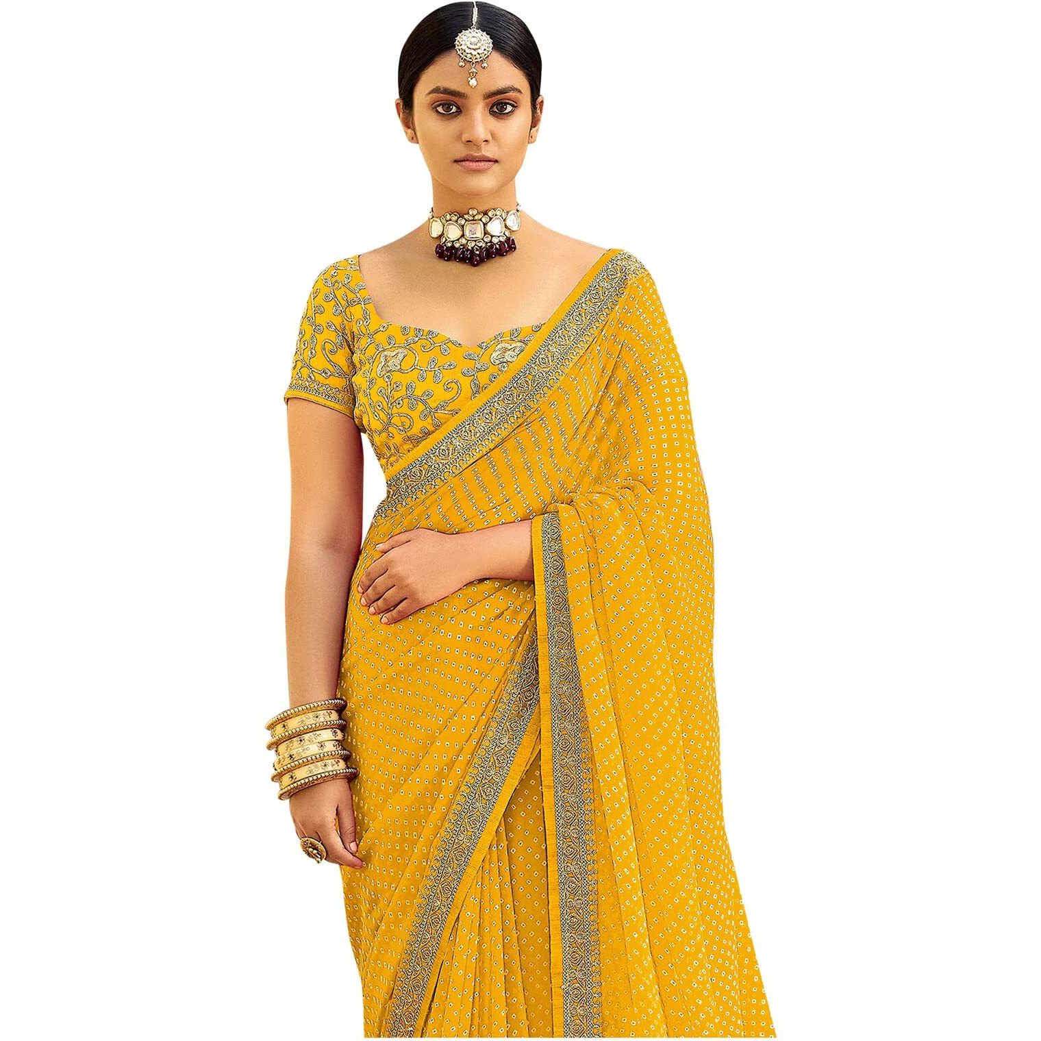 Satrani Women's Bandhani Printed & Embroidery Work In Lace Georgette Saree With Unstitched Blouse Piece(2302Sr124_Yellow, White)