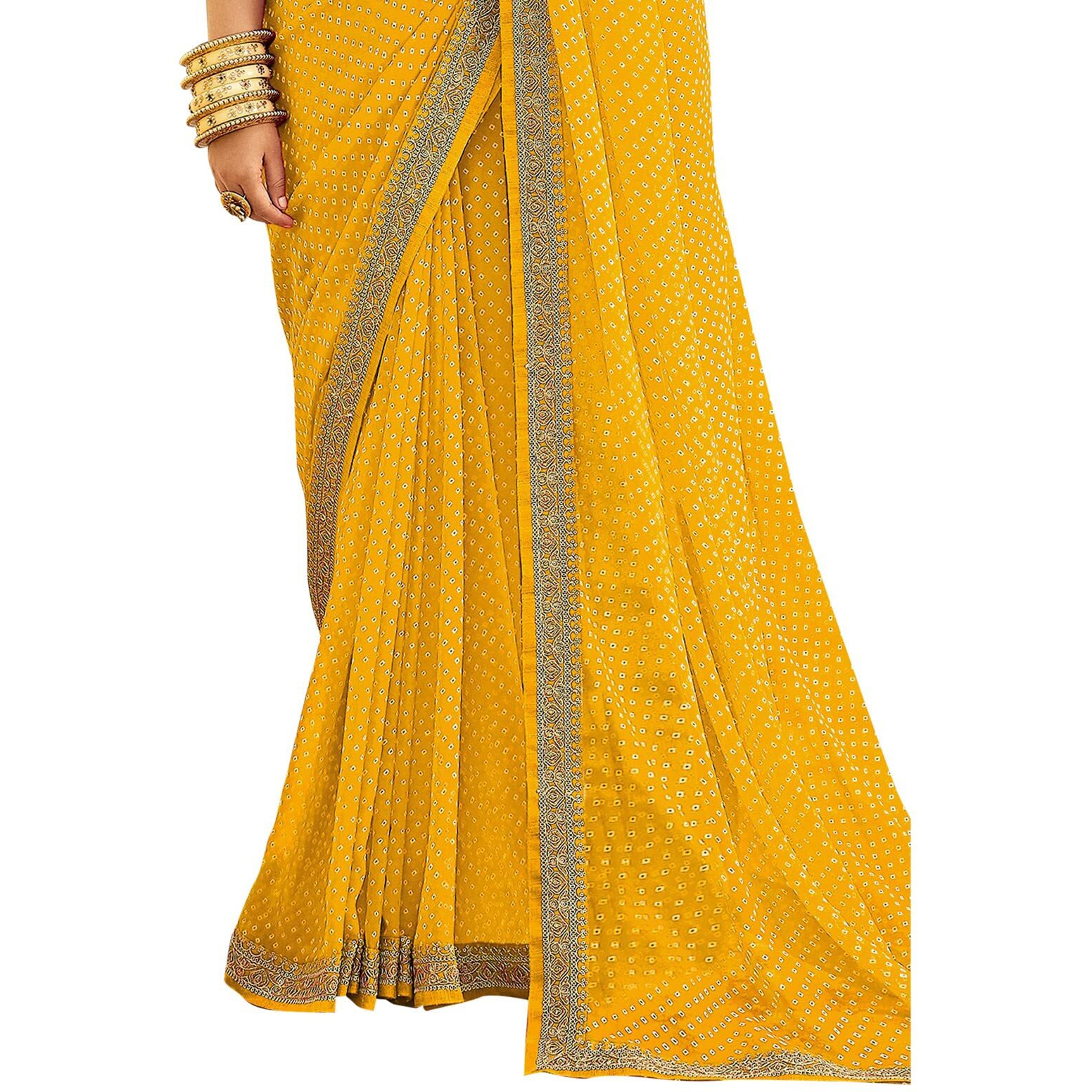 Satrani Women's Bandhani Printed & Embroidery Work In Lace Georgette Saree With Unstitched Blouse Piece(2302Sr124_Yellow, White)