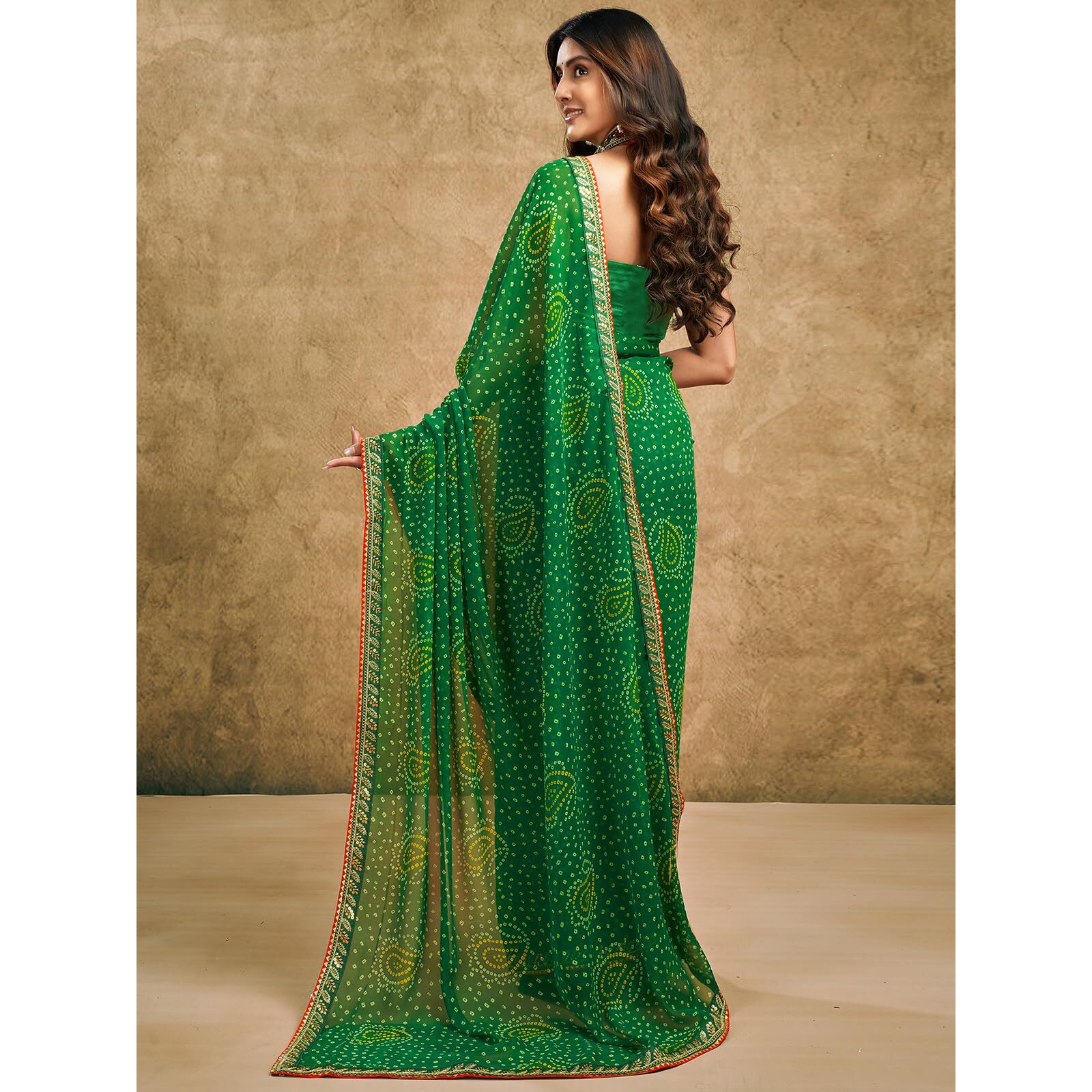 Satrani Women's Georgette Bandhani Printed Saree With Unstitched Blouse Piece (4010S262N_Green1)