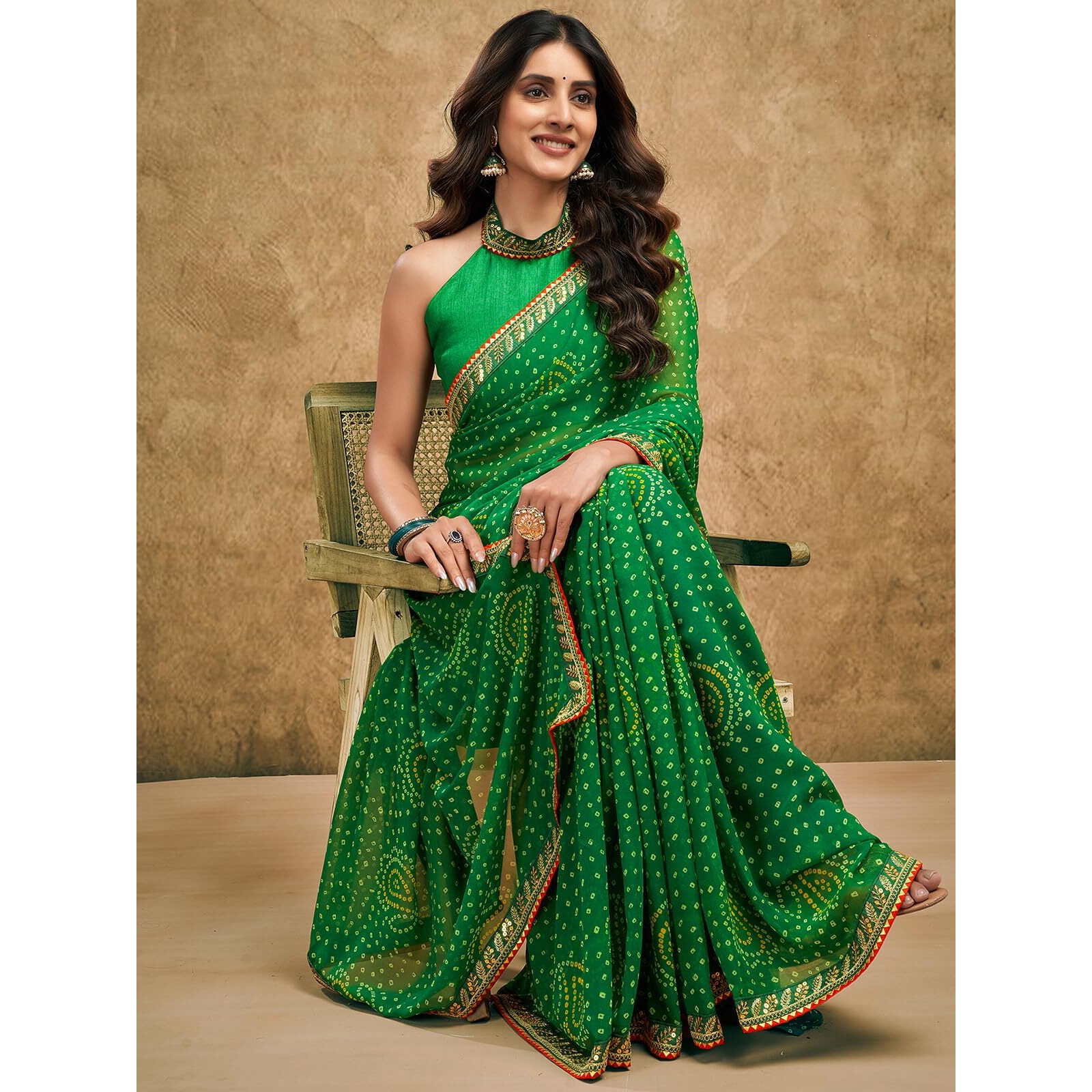 Satrani Women's Georgette Bandhani Printed Saree With Unstitched Blouse Piece (4010S262N_Green1)