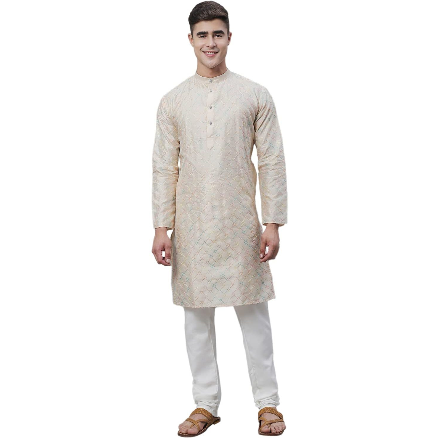 Sojanya (Since 1958 Men's Silk Blend Cream Kurta With Multi Color Embroidery And Off-White Pyjama
