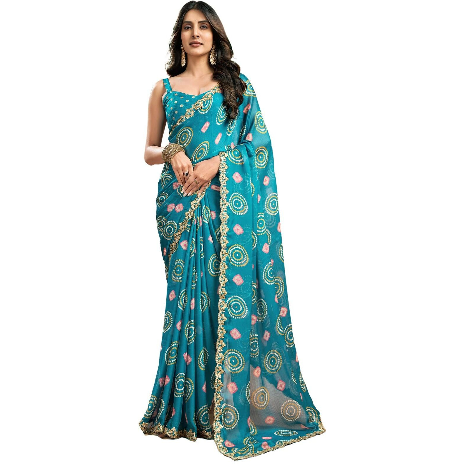 Satrani Women's Chiffon Bandhani Printed Saree With Unstitched Blouse Piece (4011S6289N_Teal Blue2)