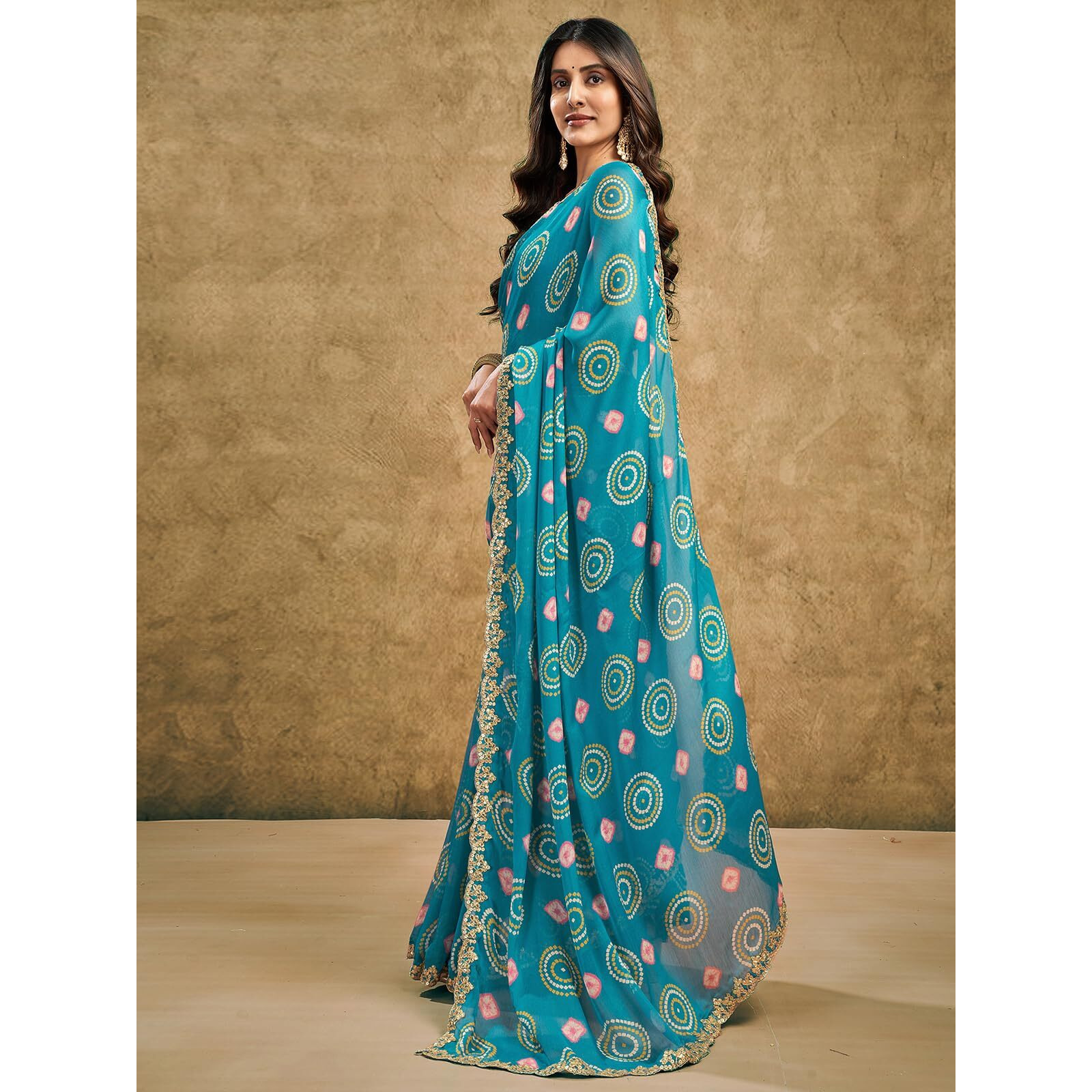 Satrani Women's Chiffon Bandhani Printed Saree With Unstitched Blouse Piece (4011S6289N_Teal Blue2)