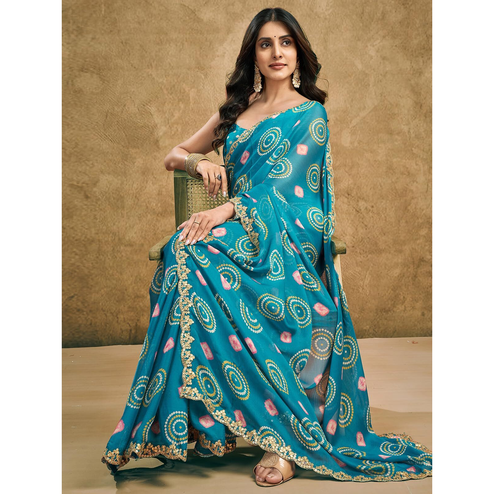Satrani Women's Chiffon Bandhani Printed Saree With Unstitched Blouse Piece (4011S6289N_Teal Blue2)