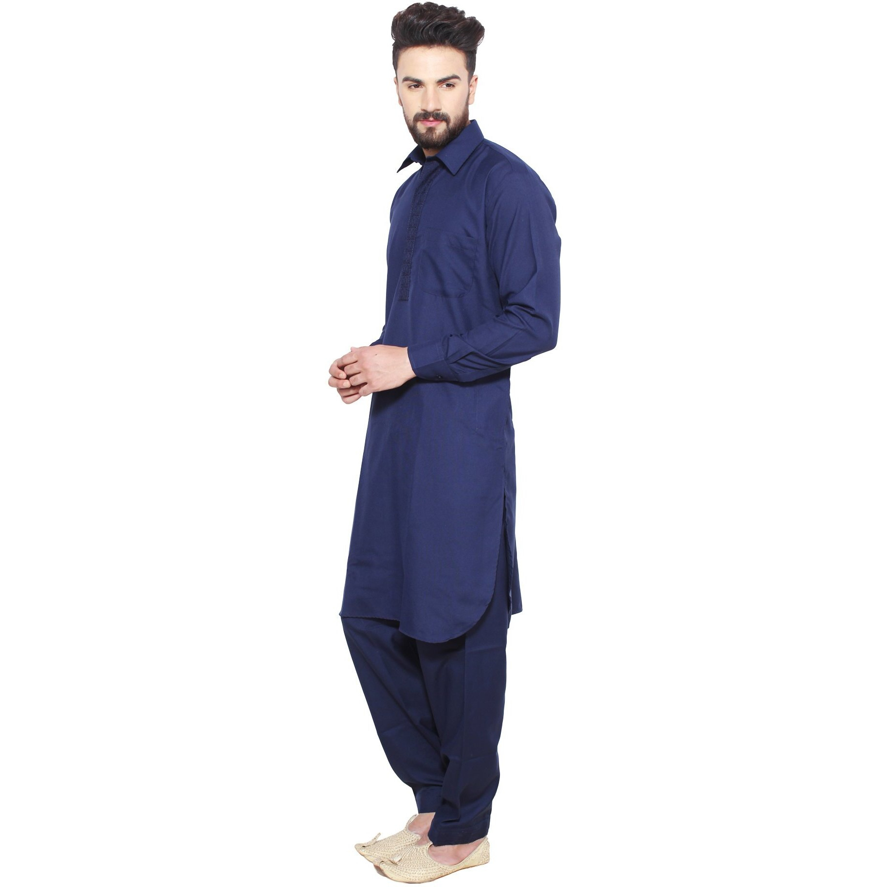 Sojanya (Since 1958 Men's Navy Blue Cotton Blend Pathani Kurta & Salwar Set Size Xxl