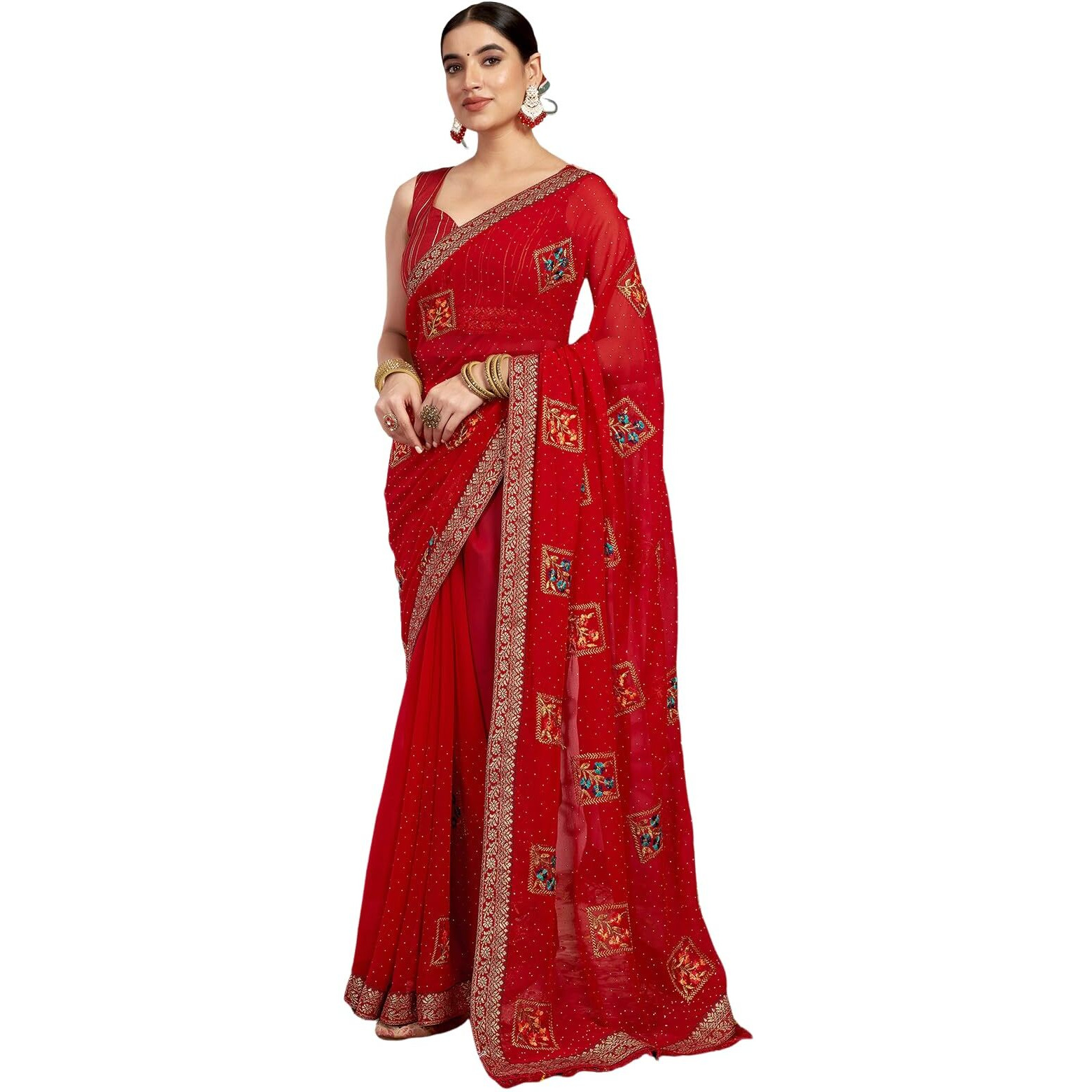 Satrani Women's Georgette Embroidery & Stone Work Saree With Unstitched Blouse Piece (4064S2812N_Red)