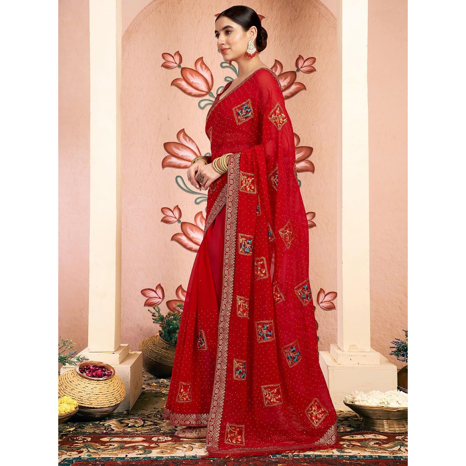 Satrani Women's Georgette Embroidery & Stone Work Saree With Unstitched Blouse Piece (4064S2812N_Red)