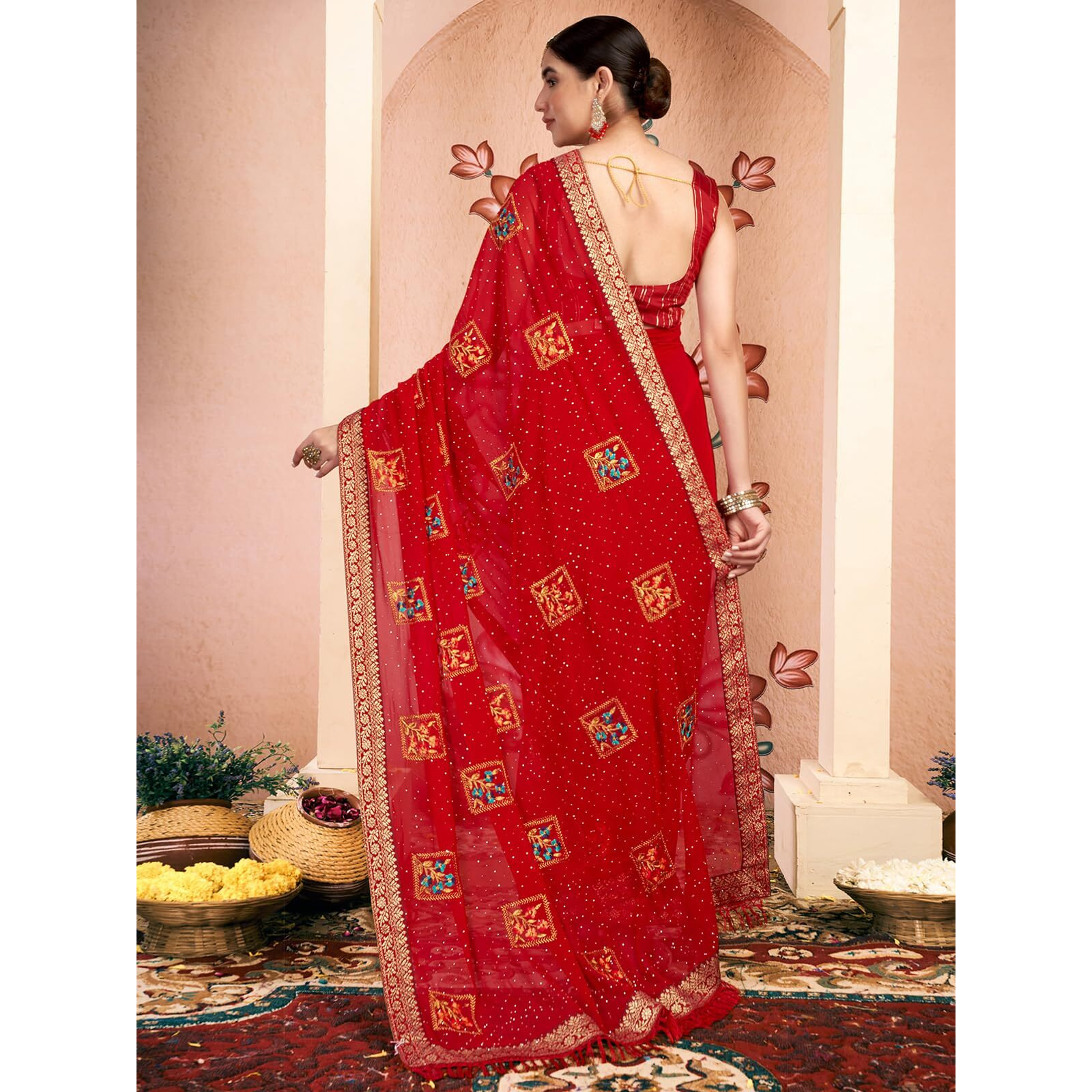 Satrani Women's Georgette Embroidery & Stone Work Saree With Unstitched Blouse Piece (4064S2812N_Red)