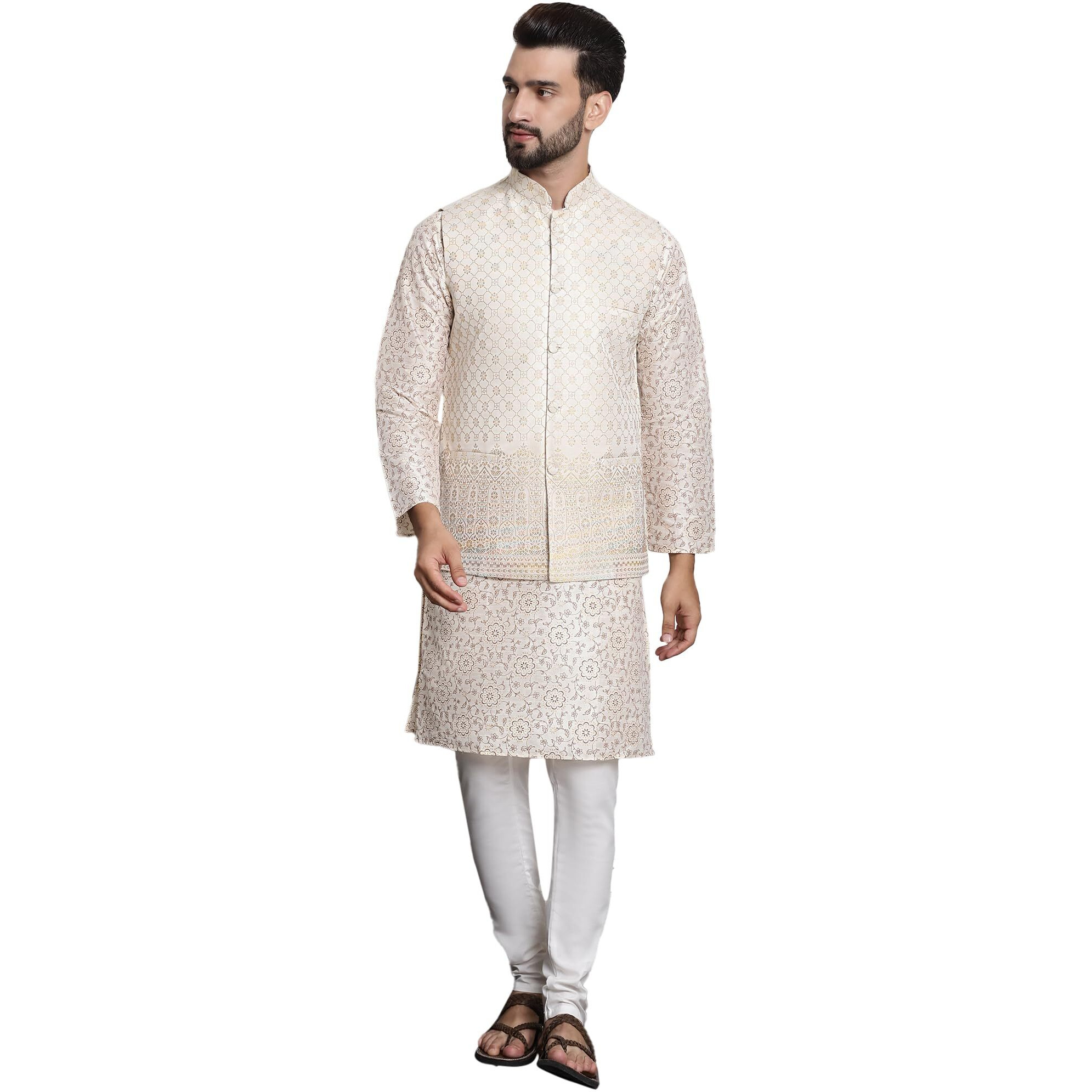 Sojanya (Since 1958 Men's Silk Blend Print Cream Kurta And Cream Pyjama With Cream Nehru Jacket