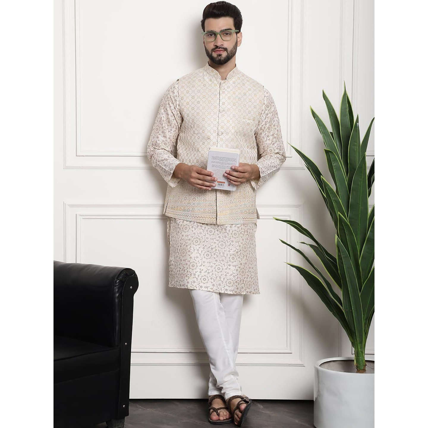 Sojanya (Since 1958 Men's Silk Blend Print Cream Kurta And Cream Pyjama With Cream Nehru Jacket