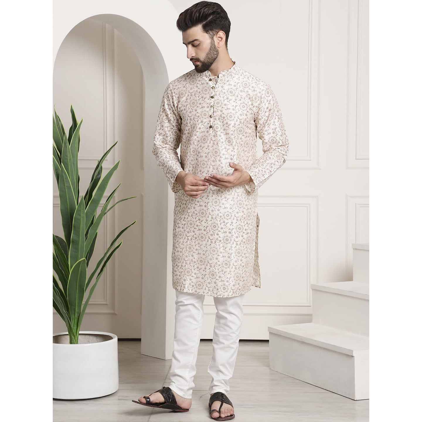 Sojanya (Since 1958 Men's Silk Blend Print Cream Kurta And Cream Pyjama With Cream Nehru Jacket