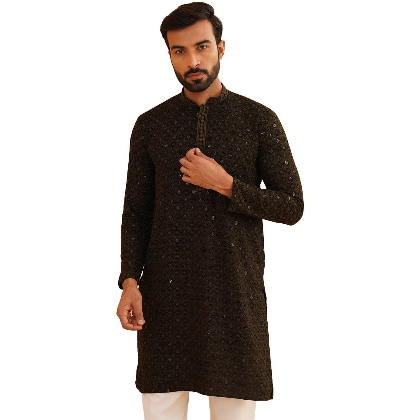 Sojanya (Since 1958 Men's Cotton Contrast Embroidered Sequinned Mehndi Long Kurta Size 44