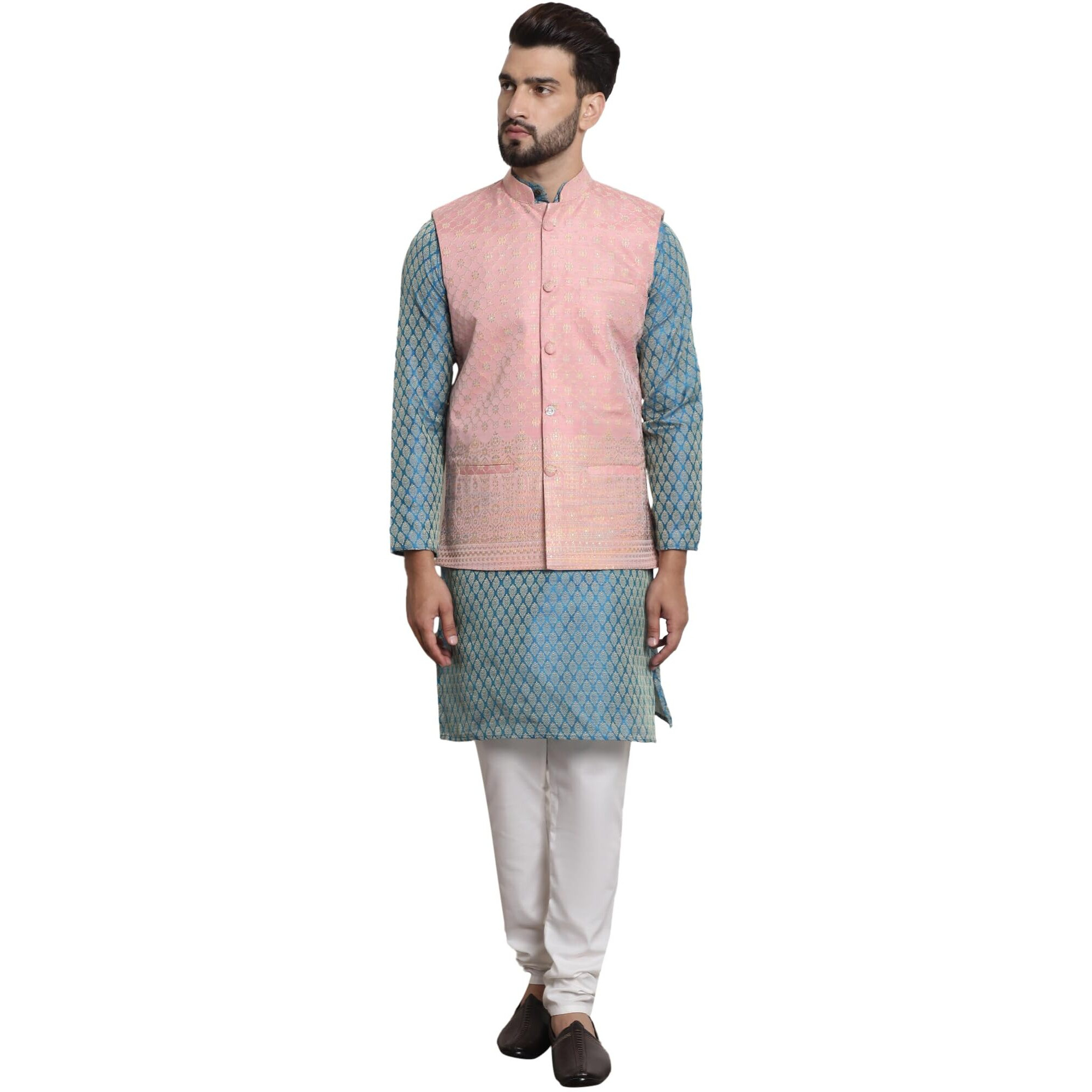 Sojanya (Since 1958 Men's Jacquard Silk Teal Green Kurta And Cream Pyjama With Blue Nehrujacket