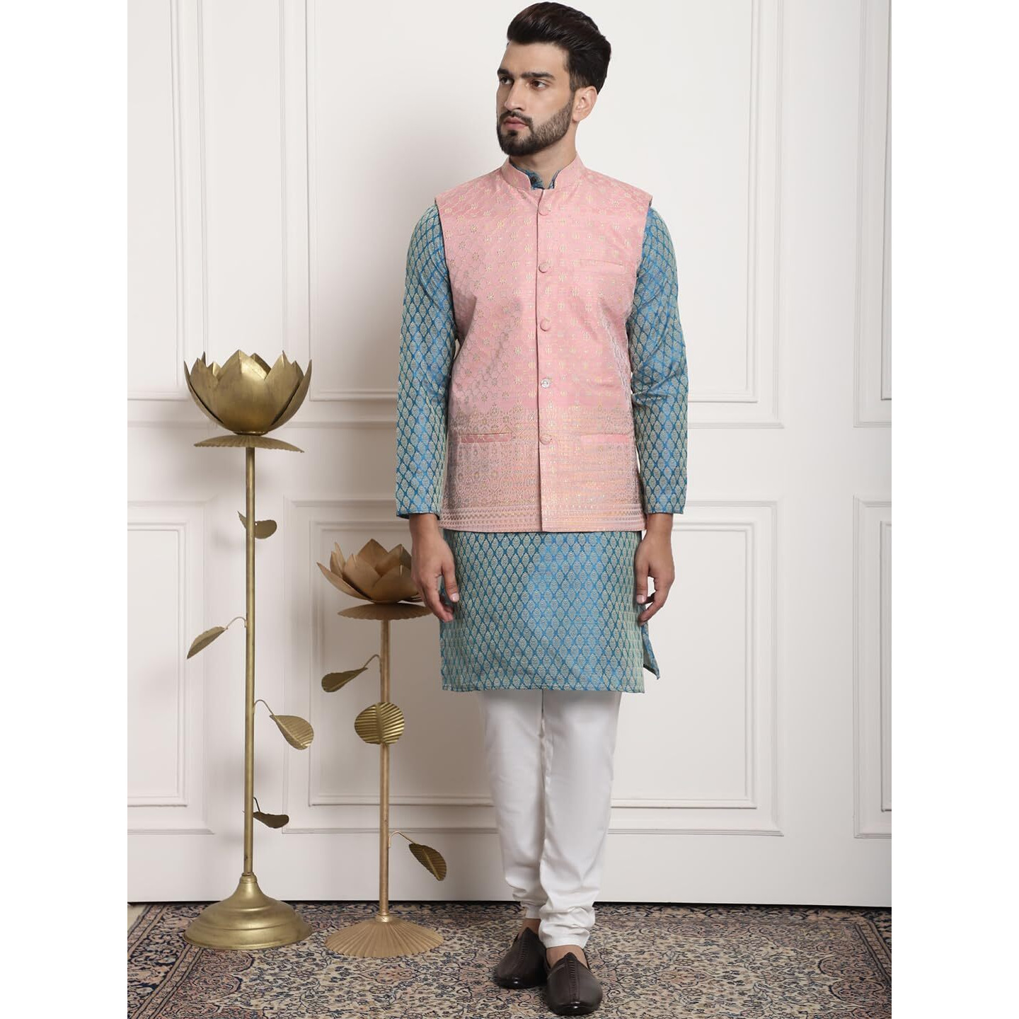 Sojanya (Since 1958 Men's Jacquard Silk Teal Green Kurta And Cream Pyjama With Blue Nehrujacket