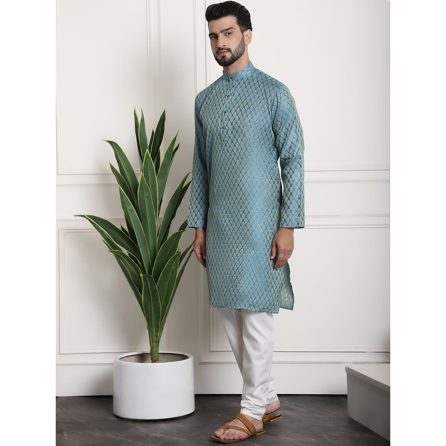 Sojanya (Since 1958 Men's Jacquard Silk Teal Green Kurta And Cream Pyjama With Blue Nehrujacket