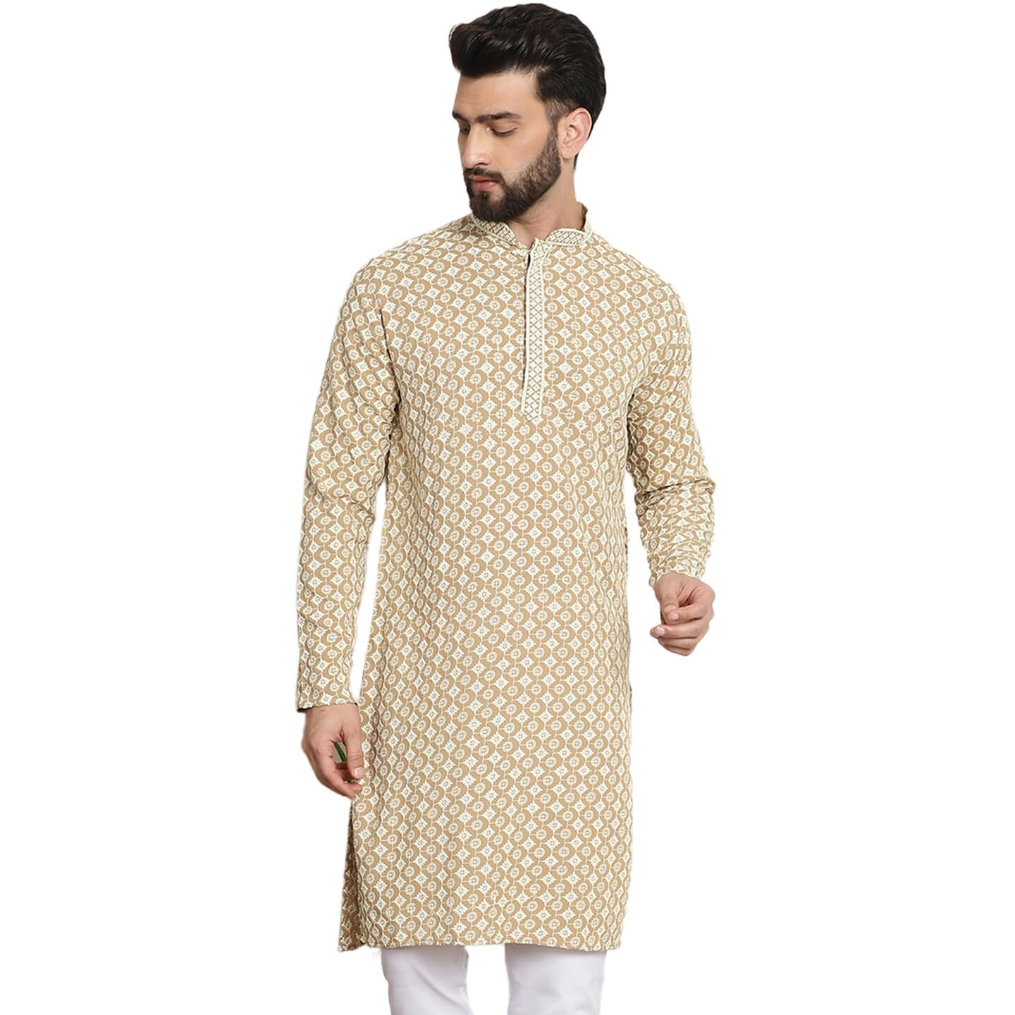 Sojanya (Since 1958 Men's Cotton Contrast Embroidered Sequinned Beige Long Kurta