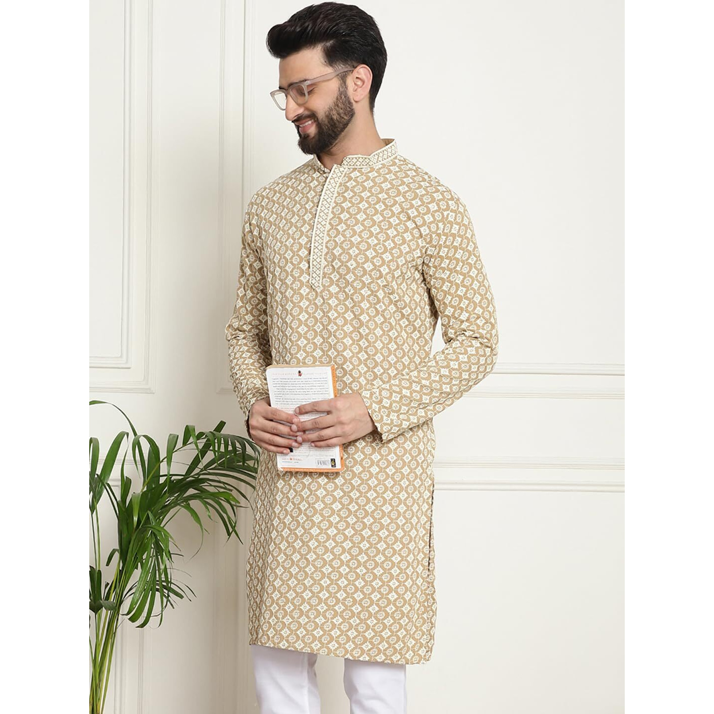 Sojanya (Since 1958 Men's Cotton Contrast Embroidered Sequinned Beige Long Kurta