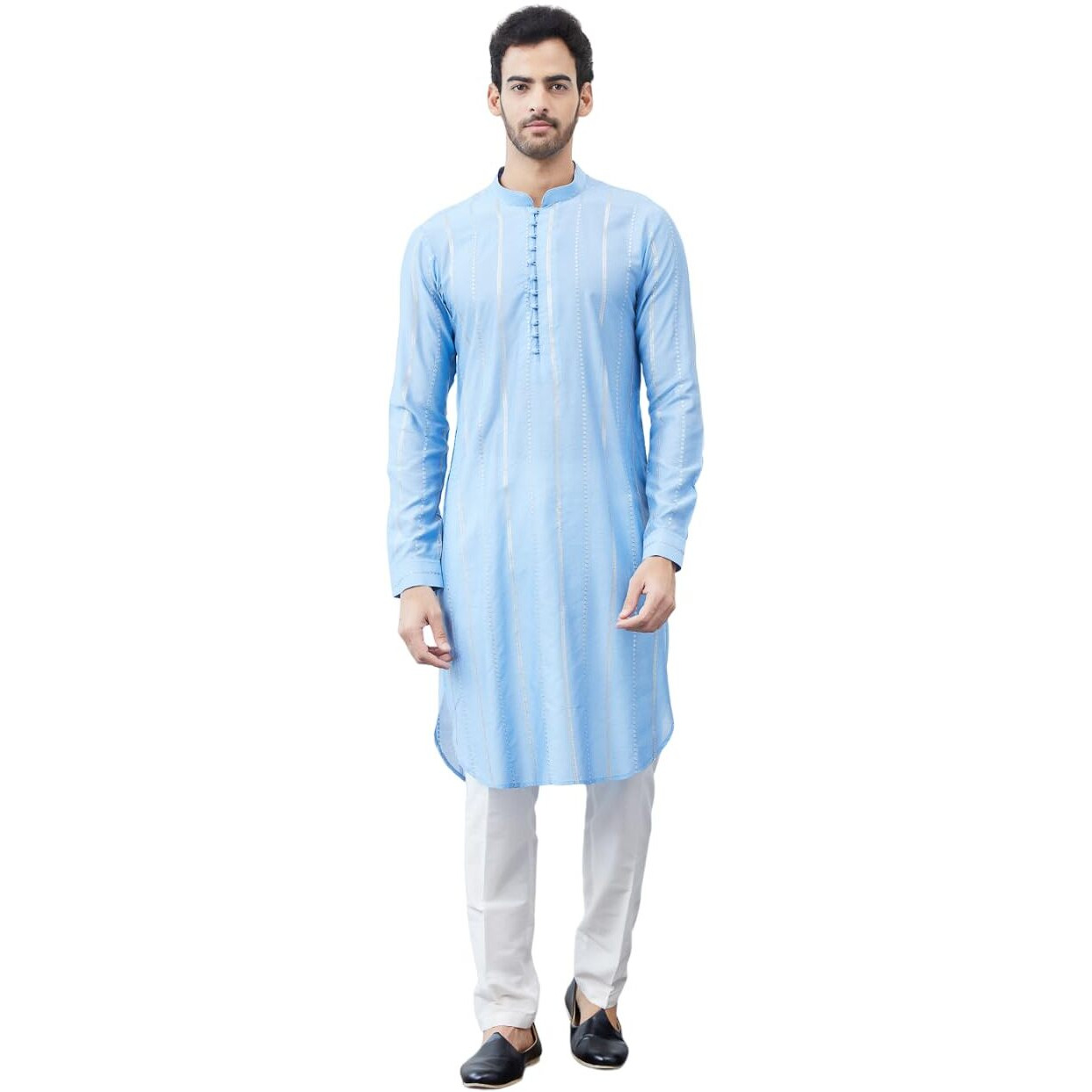 See Designs Men Turquoise Blue Sequince Cotton Kurta Long Sleeves_Sdkt1444Xl