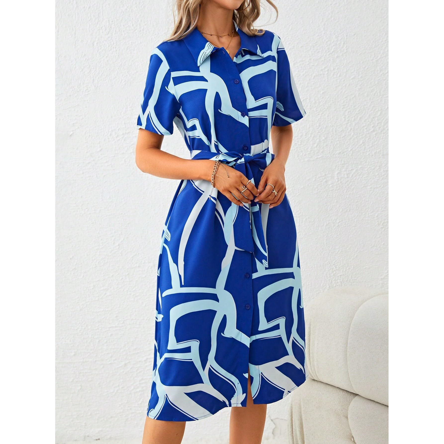 Shasmi Women's & Girl's Mehandi Dress For Women L One Piece Dress For Women L Beach Dress For Women, Solid Printed Tie Front Collared V Neck Midi Dress (Dress 116 Blue-S)