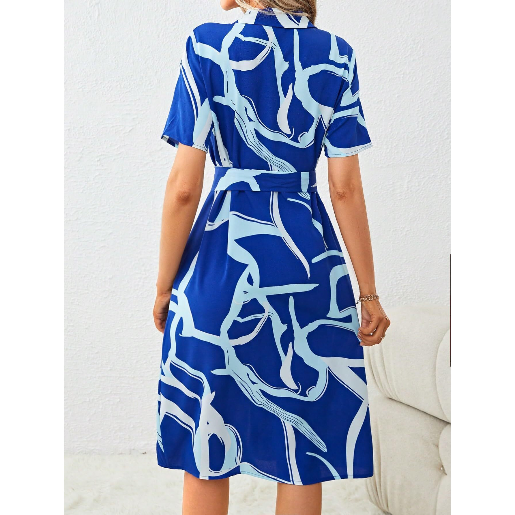 Shasmi Women's & Girl's Mehandi Dress For Women L One Piece Dress For Women L Beach Dress For Women, Solid Printed Tie Front Collared V Neck Midi Dress (Dress 116 Blue-S)