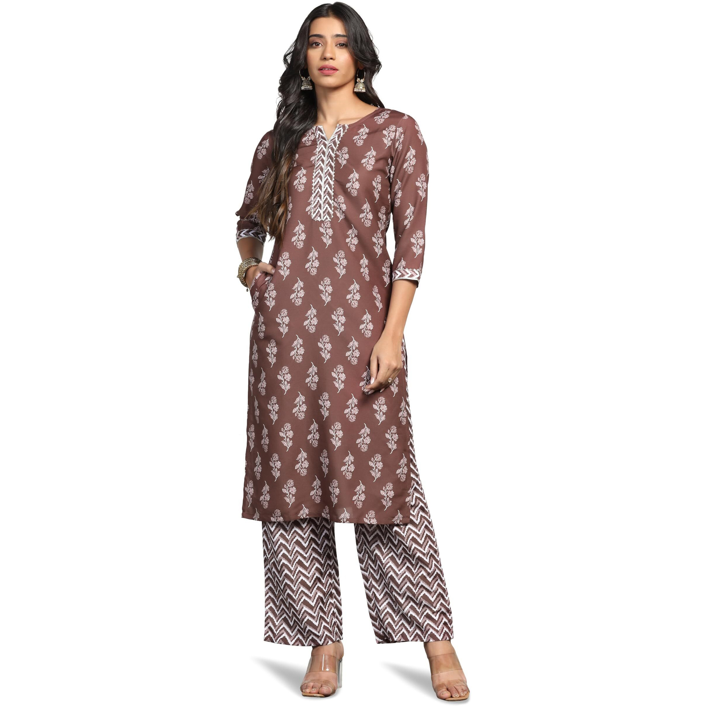 Tadkee Women's Round Neck Printed Kurta With Palazzo | Kurta Set For Women (Fn-Plazzo-Pair-Zigzag-115-Brown-L)
