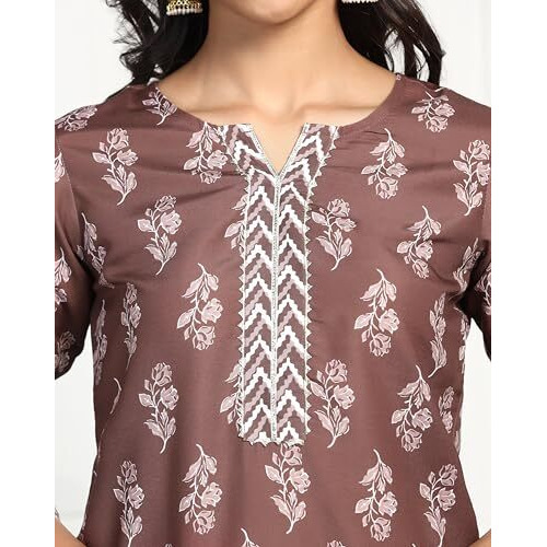 Tadkee Women's Round Neck Printed Kurta With Palazzo | Kurta Set For Women (Fn-Plazzo-Pair-Zigzag-115-Brown-L)