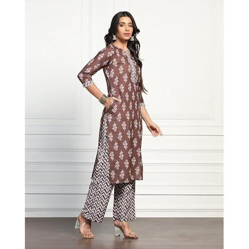 Tadkee Women's Round Neck Printed Kurta With Palazzo | Kurta Set For Women (Fn-Plazzo-Pair-Zigzag-115-Brown-L)