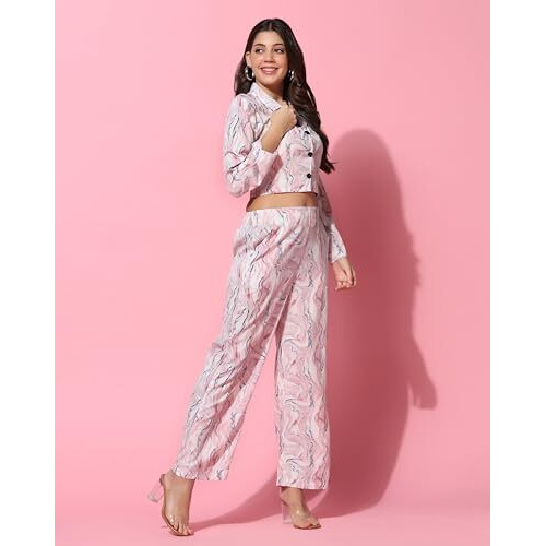 Tagdo Women's Co-Ords Printed Dress Set (Shirt-Pair-5150-Pink-Xl)