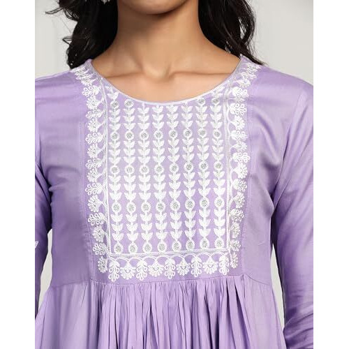 Tadkee Women's Naira Cut Purple Kurta With Pant (Fn-Naira-Cut-Leaf-Pair-103-Purple-L)
