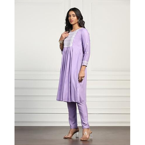 Tadkee Women's Naira Cut Purple Kurta With Pant (Fn-Naira-Cut-Leaf-Pair-103-Purple-L)