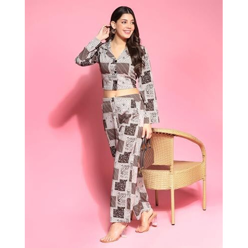 Tagdo Women's Co-Ords Printed Dress Set (Shirt-Pair-5149-Coffee-Xl)