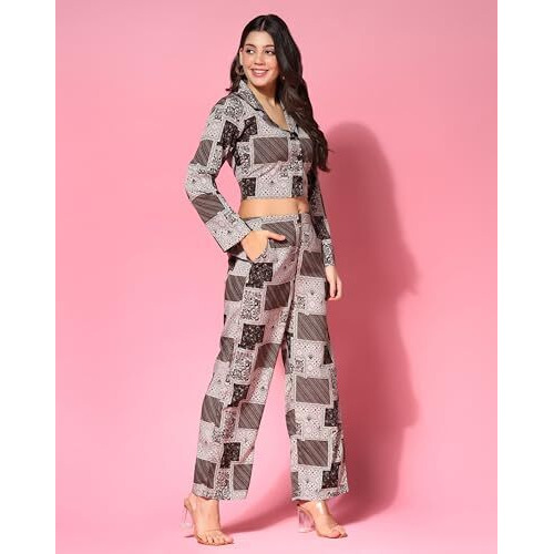 Tagdo Women's Co-Ords Printed Dress Set (Shirt-Pair-5149-Coffee-Xl)