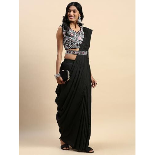 Shiv Textiles Viscose Ready To Wear Saree For Women With Stiched Blouse.(Sr-T-14-Black)