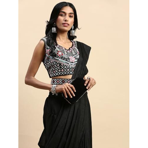 Shiv Textiles Viscose Ready To Wear Saree For Women With Stiched Blouse.(Sr-T-14-Black)