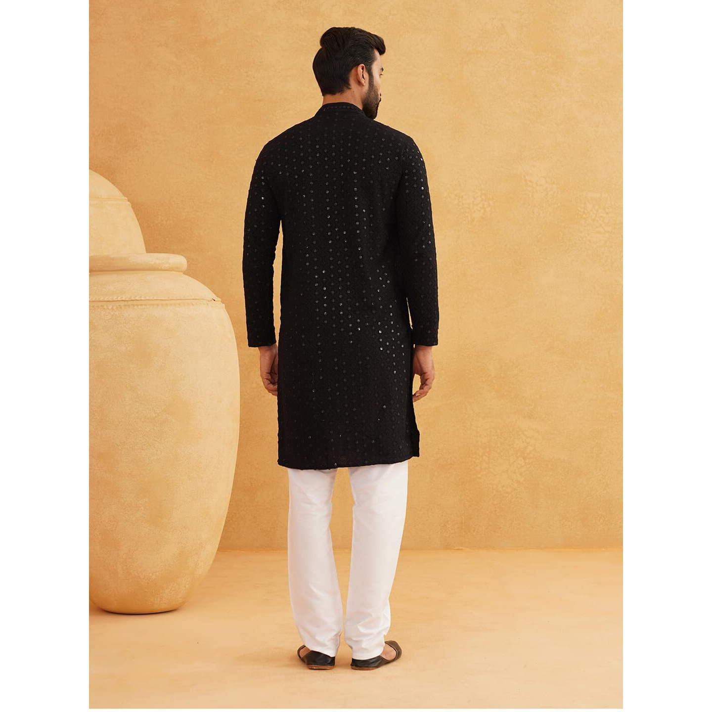 Sojanya (Since 1958 Men's Pure Cotton Black Embroidered Sequined Kurta