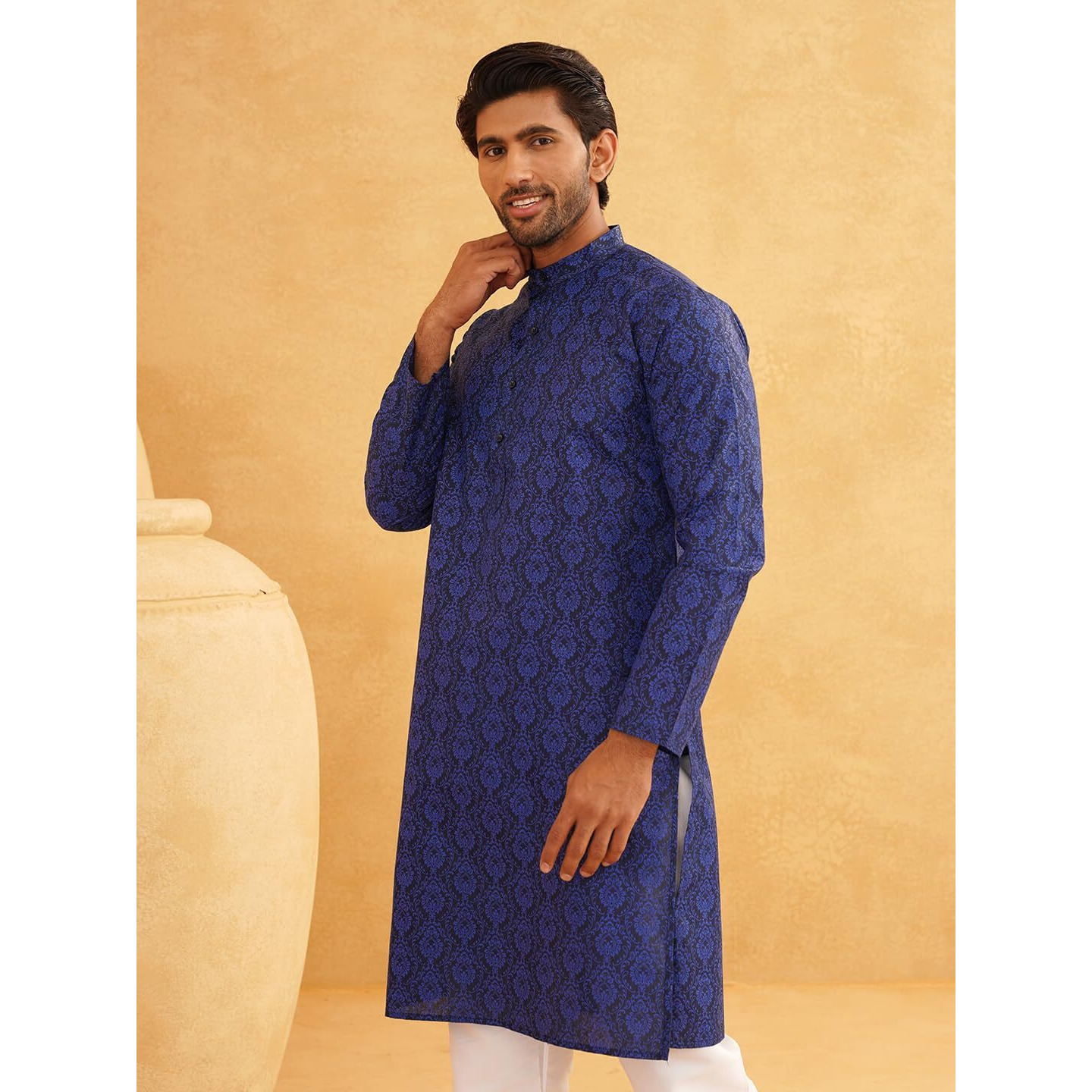 Sojanya (Since 1958 Men's Cotton Blend Navy Blue Color Paisley Design Only Long Kurta