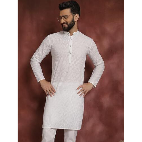 Sojanya (Since 1958 Ethnic Motifs Embroidered Thread Work Pure Cotton White Straight Only Kurta