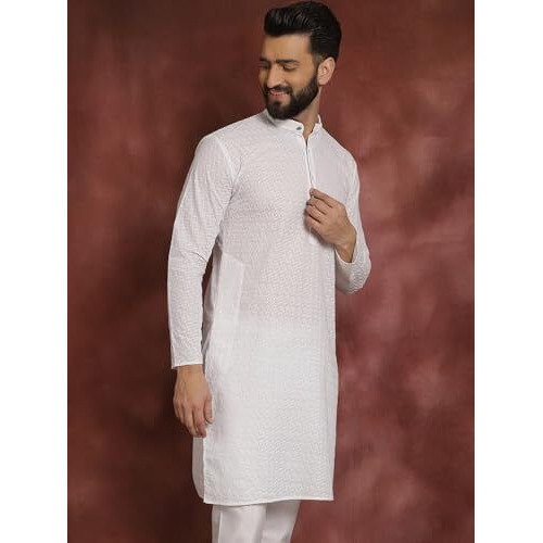 Sojanya (Since 1958 Ethnic Motifs Embroidered Thread Work Pure Cotton White Straight Only Kurta