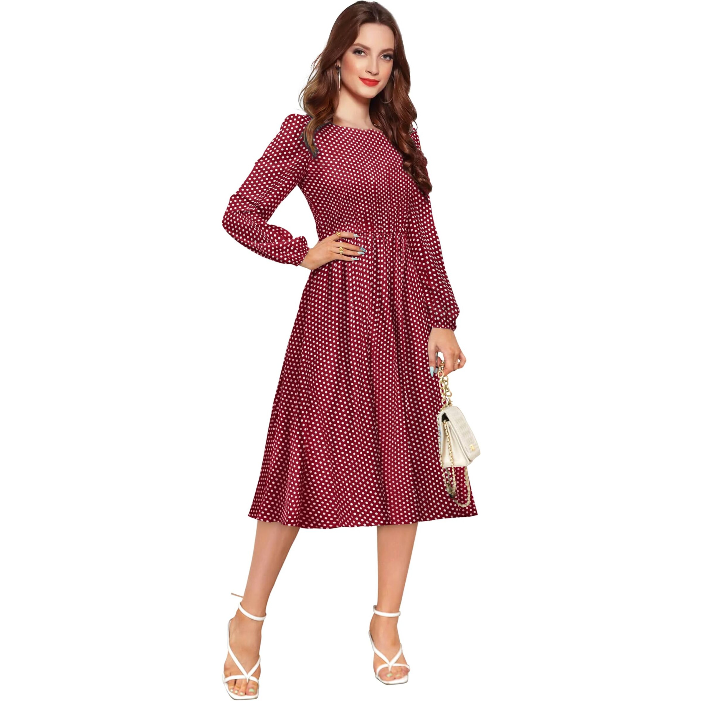 Toochki Women's Maroon Muslin Polka Dot Fit & Flared Western Dress | Dress For Women | A Line Dress | Winter Dress | Western Dress | Latest Women Dress | Trendy Dress | Midi Dress