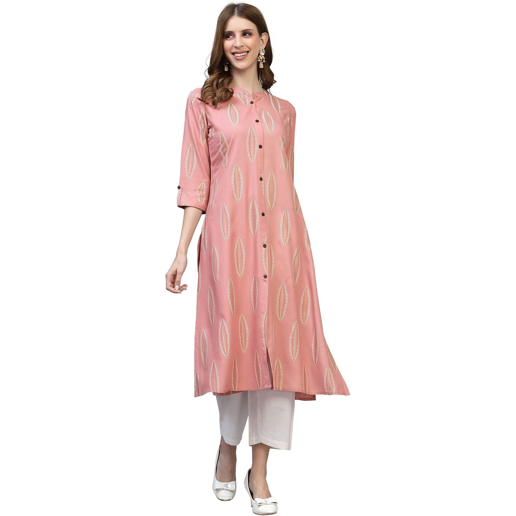 Stylum Women's Block Printed Rayon A-Line Kurta (Nomiblush42_Blush, Xl)