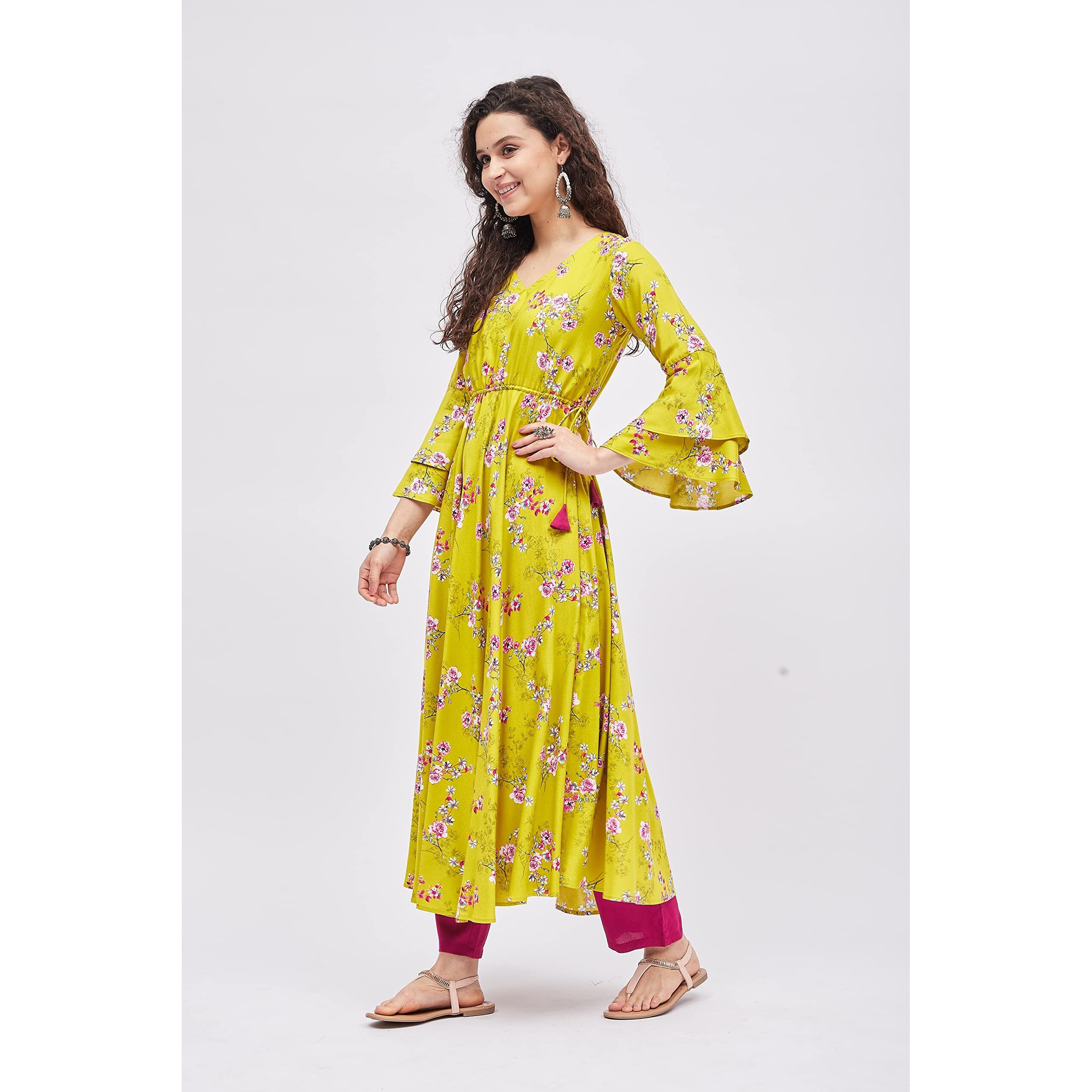 Tissu Women's Rayon Green & Rani Floral Printed Tie-Up Kurta 2217_Green_Xs