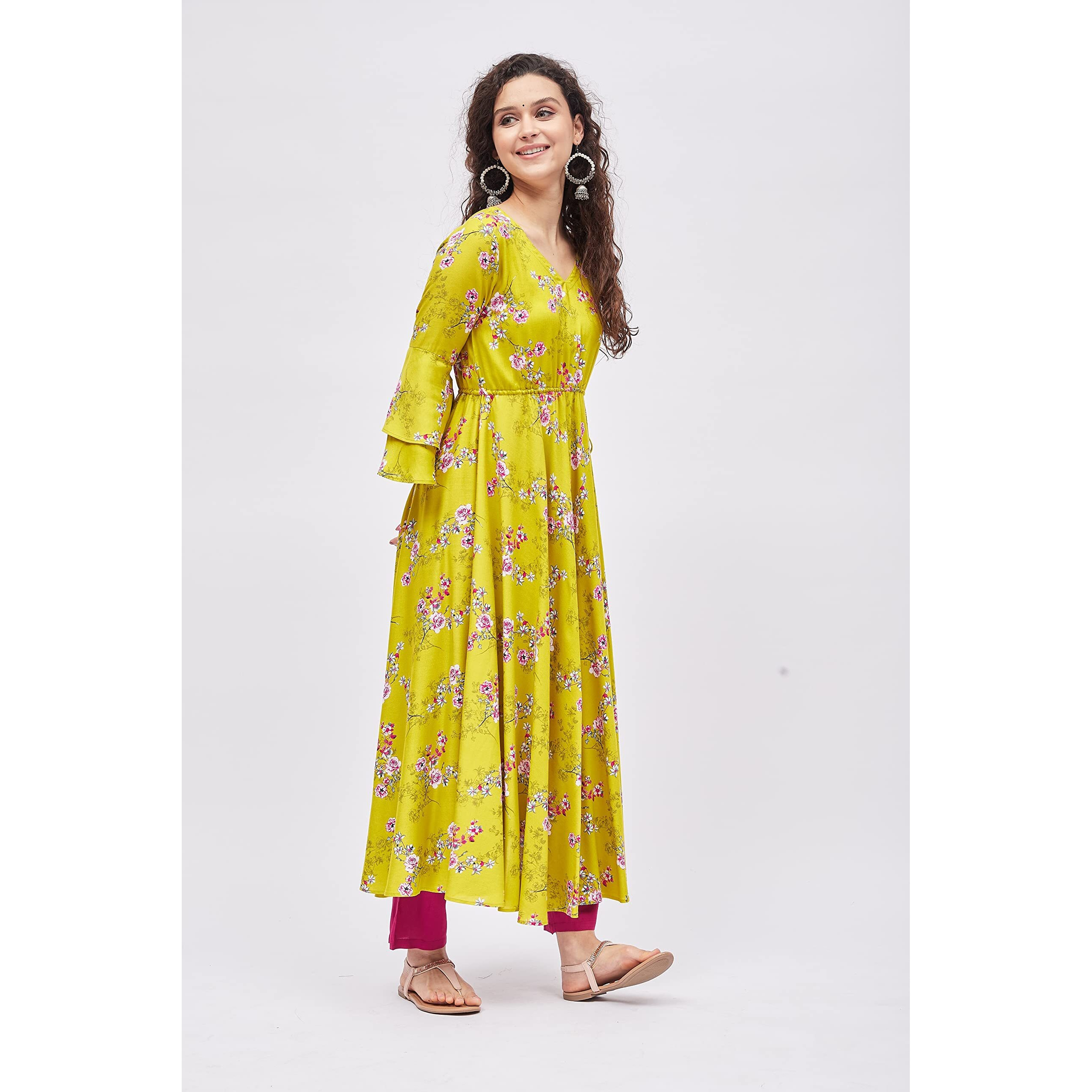 Tissu Women's Rayon Green & Rani Floral Printed Tie-Up Kurta 2217_Green_Xs