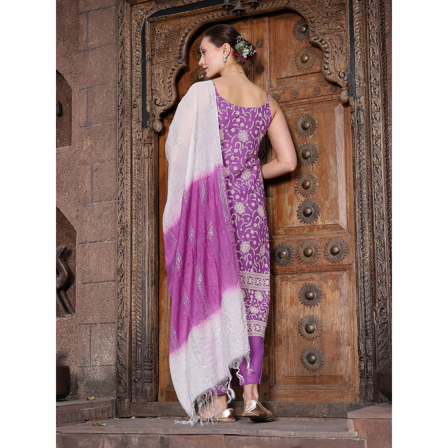 Stylum Women's Floral Printed Rayon Straight Kurta Pant Dupatta Set (Kpdastro38_Purple, M)