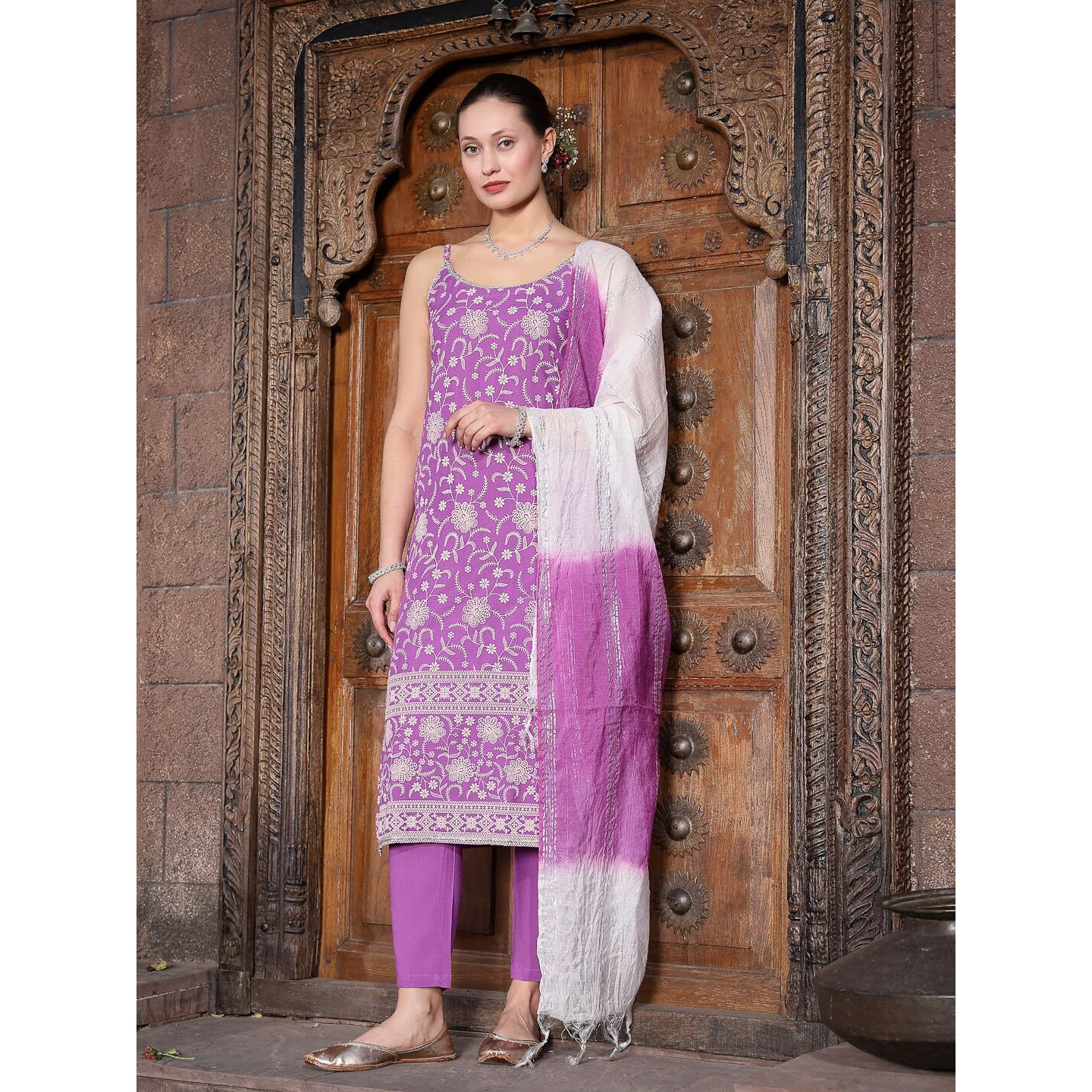 Stylum Women's Floral Printed Rayon Straight Kurta Pant Dupatta Set (Kpdastro38_Purple, M)