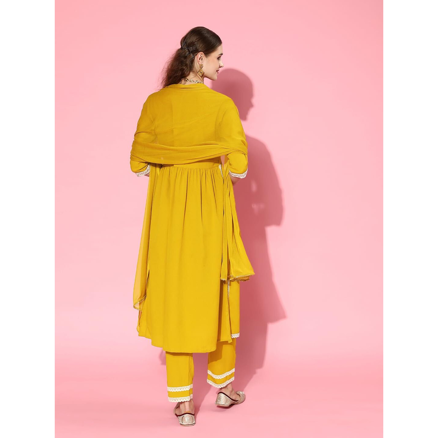 Stylum Women's Solid Crepe Naira Cut Kurta Pant Dupatta Set (Kpdjanvimust38_Mustard, M)