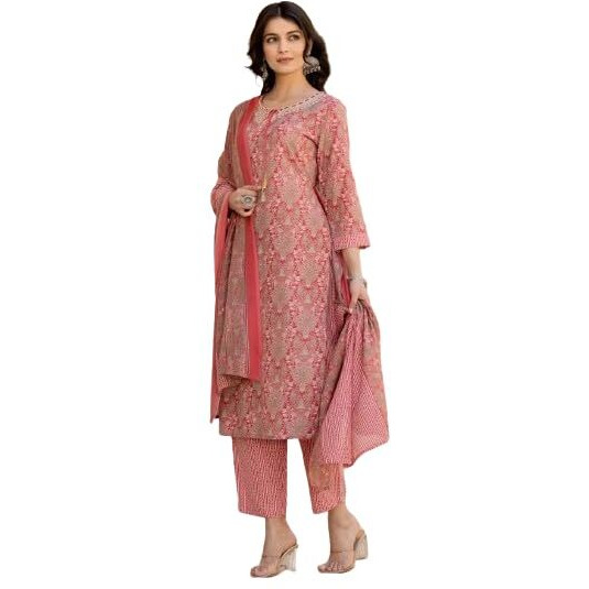 Varanga Women Printed Round Neck Straight Kurta With Bottom And Dupatta  Stylish & Comfortable Ethnic Wear